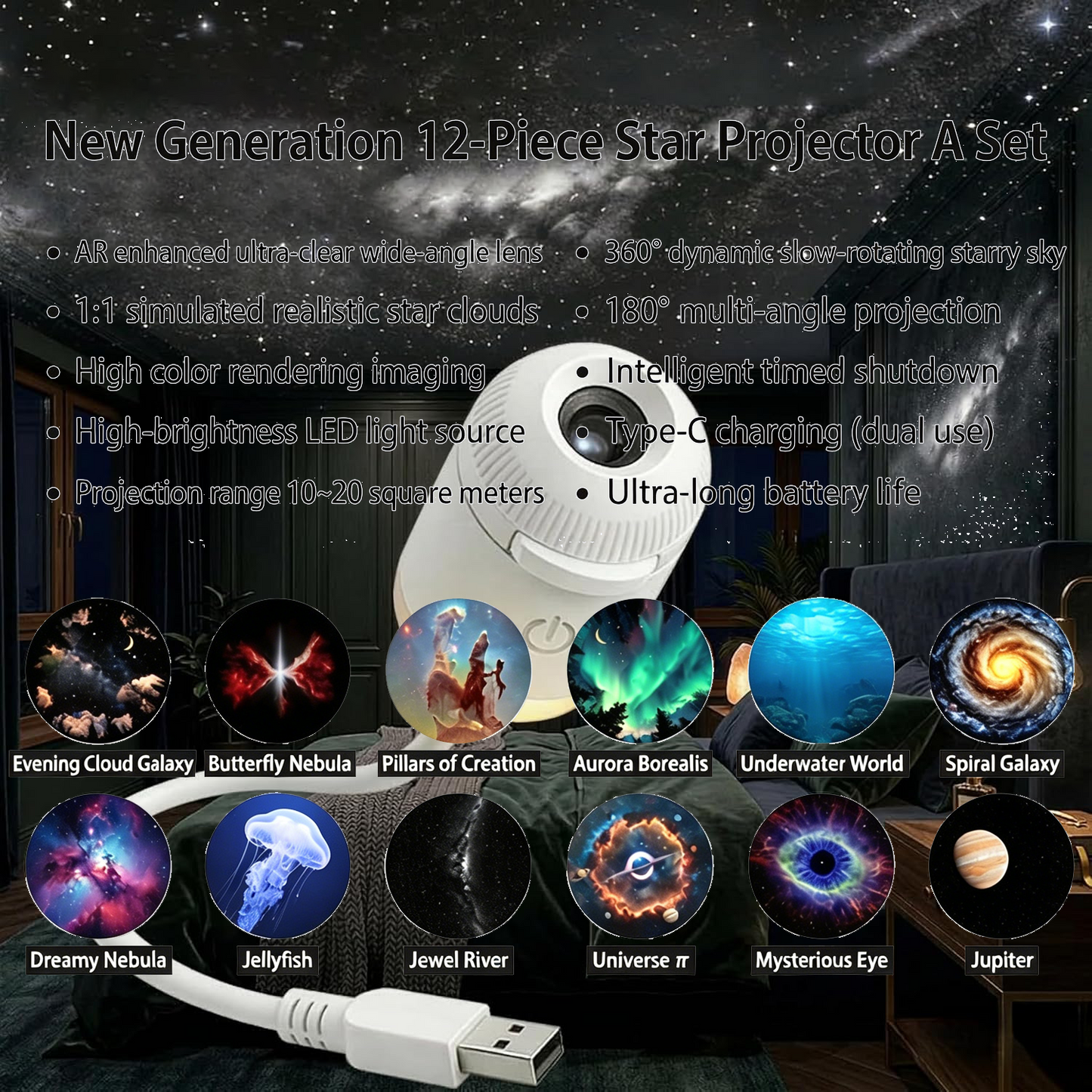 💡🌃2-in-1 Galaxy Star Projector USB Night Light for Indoor Decor