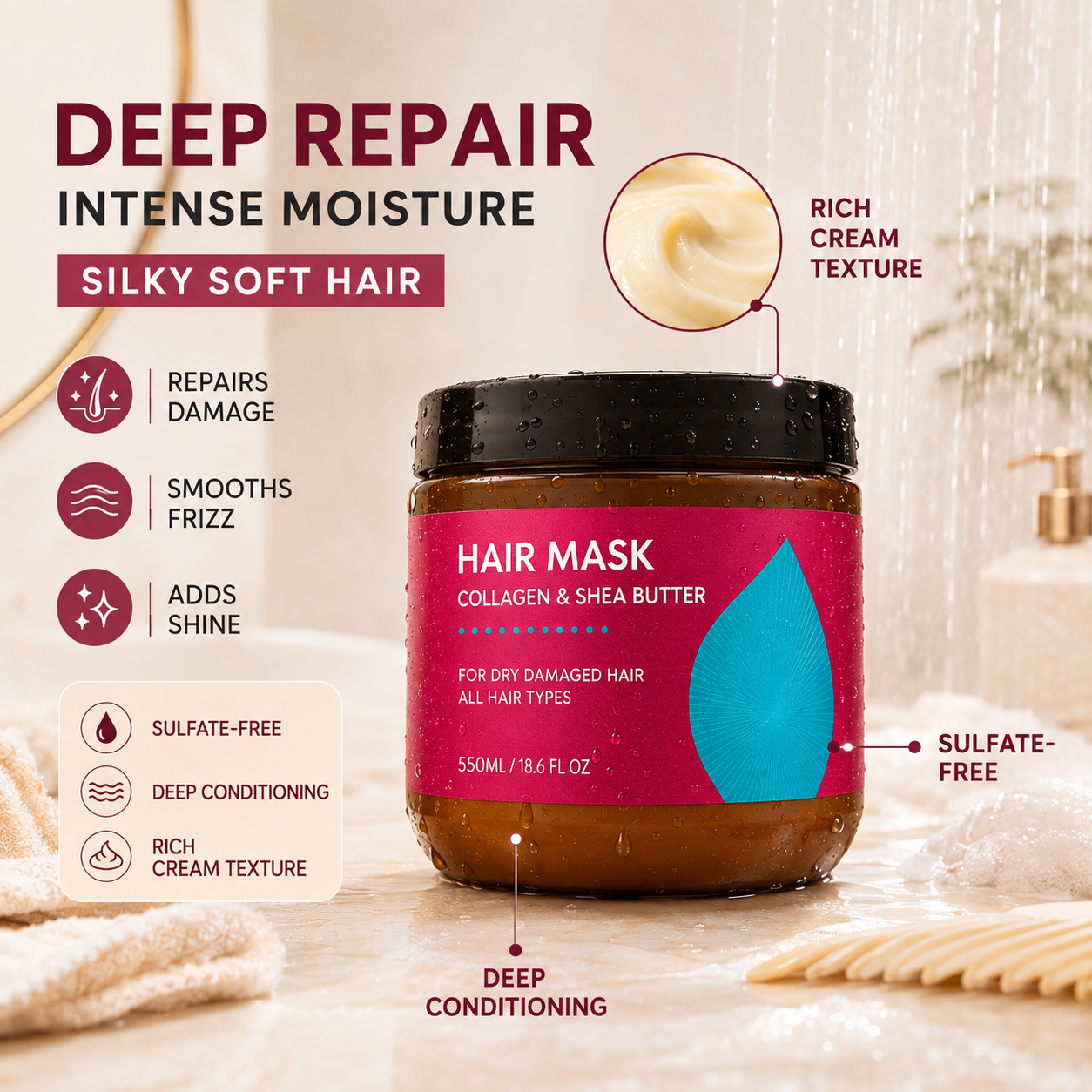 Instant Liquid Silk Collagen & Shea Butter Hair Mask – Deep Repair for Dry & Frizzy Hair