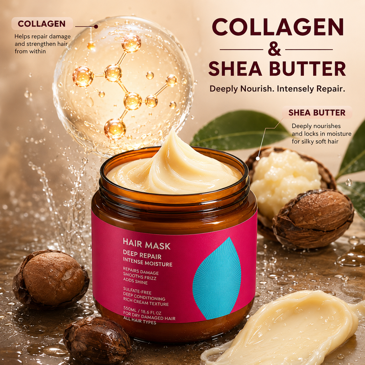 Instant Liquid Silk Collagen & Shea Butter Hair Mask – Deep Repair for Dry & Frizzy Hair