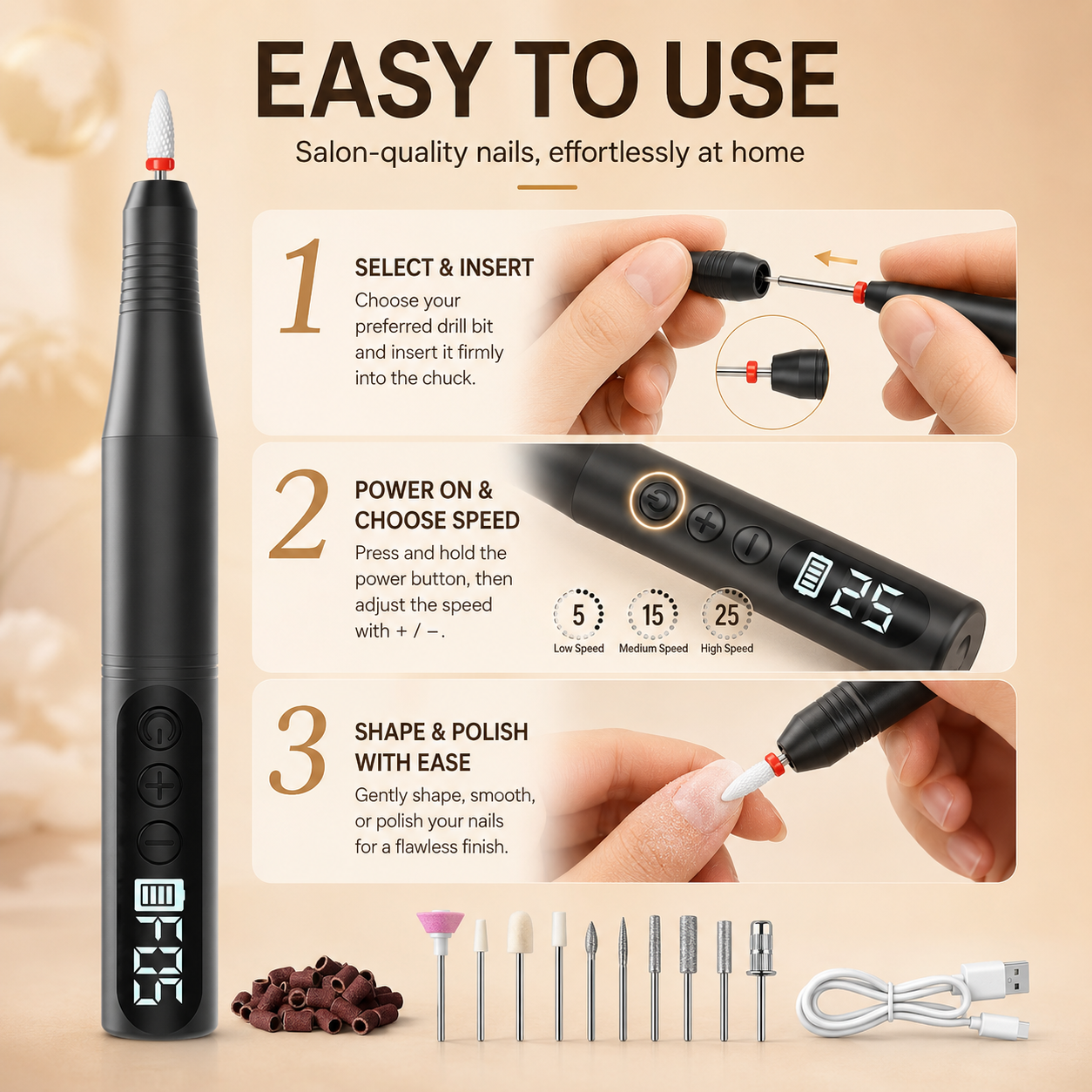 Pen-Shaped Rechargeable Nail Drill