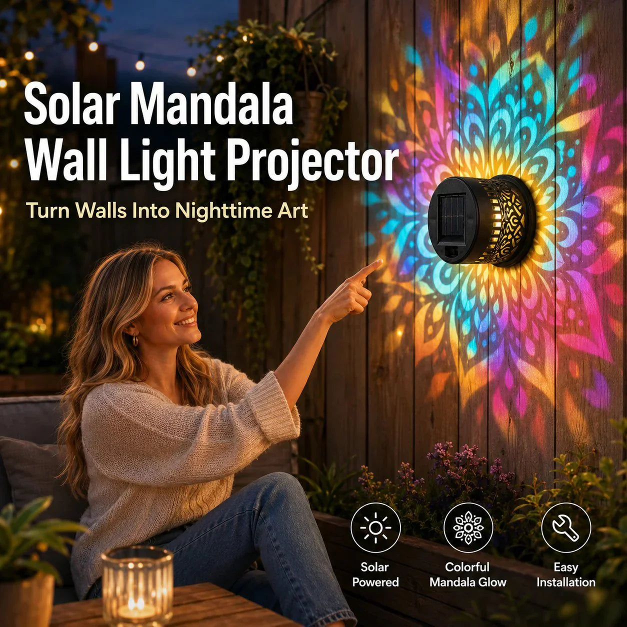 🌀💥Limited Sale Buy 2 Get 1 Free🌞💡Solar Mandala Wall Light Outdoor Garden Fence Projector Lamp Patio Ambient Decor