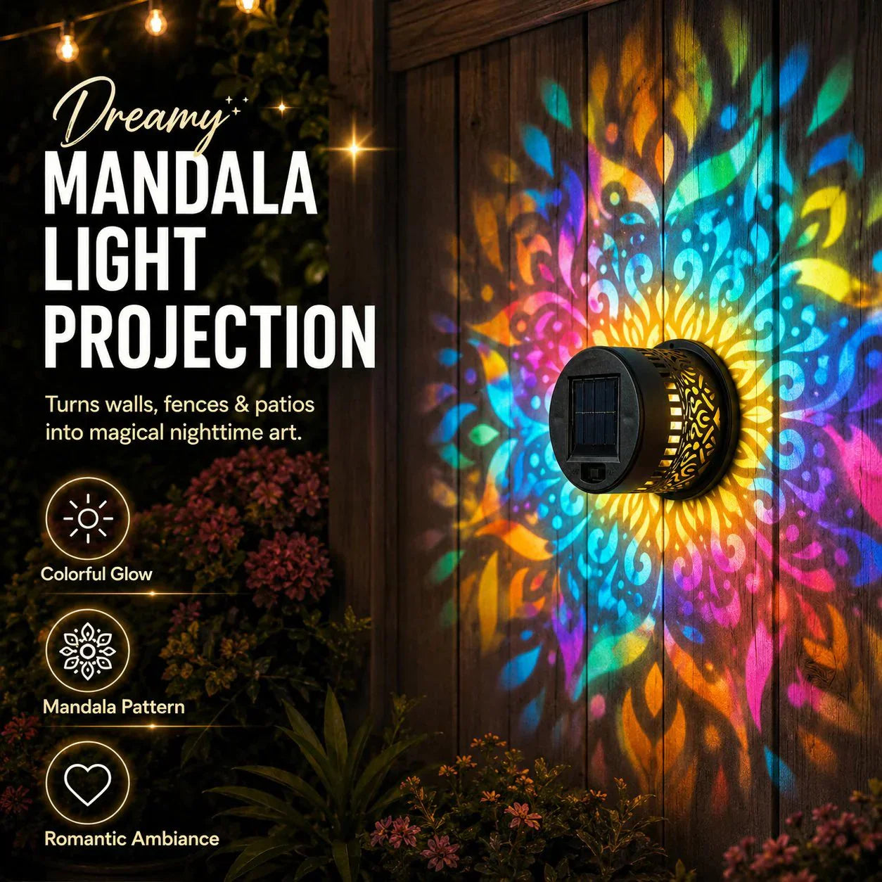 🌀💥Limited Sale Buy 2 Get 1 Free🌞💡Solar Mandala Wall Light Outdoor Garden Fence Projector Lamp Patio Ambient Decor